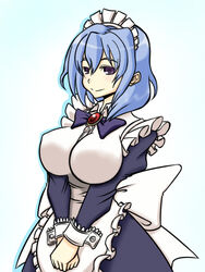  blue_hair breasts commentary_request copyright_request female large_breasts maid purple_eyes short_hair solo wabi_(wbsk) 