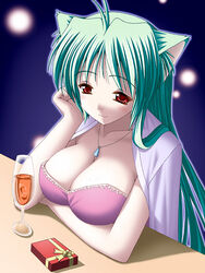  animal_ears breasts cat_ears cleavage cup drink drinking_glass female gift green_hair jewelry keito_(keito-ya) large_breasts long_hair necklace original red_eyes shirt_on_shoulders solo wine_glass 