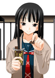  black_eyes black_hair candy chocolate chocolate_bar copyright_request female food keito_(keito-ya) long_hair meiji_(brand) meiji_milk_chocolate school_uniform smile solo 