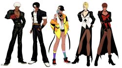  2boys 3girls absurdres asymmetrical_legwear babmuckza_64 bare_shoulders baseball_cap belt belt_buckle black_belt black_boots black_choker black_gloves black_hair black_hat black_jacket black_pants black_shirt black_shoes black_shorts black_skirt blonde_hair boots breasts brown_hair brown_pantyhose buckle choker cleavage colored_sclera commentary_request cross cross_necklace dark-skinned_female dark-skinned_male dark_skin earrings evil_grin evil_smile fingerless_gloves full_body gloves grin hair_bun hair_over_one_eye hand_on_own_arm hand_on_own_chest hand_on_own_hip hands_in_pockets hat headband high_heel_boots high_heels highres isla_(kof) jacket jewelry k'_(kof) korean_commentary kusanagi_(clone) large_breasts leather leather_jacket long_hair long_sleeves looking_at_viewer mask mask_around_neck mature_(kof) micro_shorts miniskirt mismatched_legwear multiple_boys multiple_girls muscular muscular_male necklace off_shoulder oversized_clothes pants pantyhose pointing pointing_at_viewer ponytail red_gloves red_sclera red_vest respirator school_uniform shirt shoes short_hair shorts simple_background single_hair_bun skirt sleeves_rolled_up smile sneakers standing the_king_of_fighters vest vice_(kof) white_hair white_headband white_shoes white_vest yellow_belt yellow_jacket 