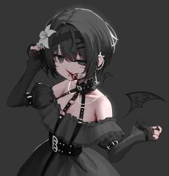  @_@ absurdres bare_shoulders black_dress black_eyes black_hair black_nails blood blood_on_face breasts chocpocalypse choker cross cross_earrings detached_wings dress ear_piercing earrings expressionless female flower frilled_choker frills gauze gauze_on_face hair_flower hair_ornament halterneck highres jewelry lace-trimmed_dress lace_trim looking_at_viewer mini_wings nosebleed open_mouth original piercing short_hair small_breasts solo upper_body wings 
