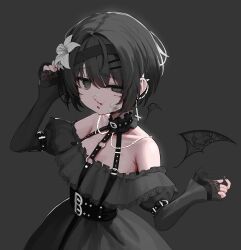  @_@ absurdres bare_shoulders black_dress black_eyes black_hair black_nails blood blood_on_face breasts chocpocalypse choker cross cross_earrings detached_wings dress ear_piercing earrings expressionless female flower frilled_choker frills gauze gauze_on_face hair_flower hair_ornament halterneck highres jewelry lace-trimmed_dress lace_trim looking_at_viewer mini_wings nosebleed open_mouth original piercing short_hair small_breasts solo upper_body wings 