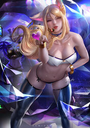  ahri alternate_costume blonde_hair breasts cleavage female female_only k/da_ahri k/da_series league_of_legends lipstick looking_at_viewer solo zumi 