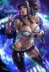  1girls akali alternate_costume breasts cleavage female female_only k/da_akali k/da_series league_of_legends lipstick looking_at_viewer open_mouth pinup sakimichan solo strapless strapless_top strapless_topwear tongue tongue_out tubetop 