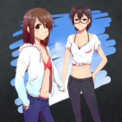  2girls bad_id bad_pixiv_id bikini bikini_top_only bonjin brown_eyes brown_hair casual denim glasses hirasawa_yui hood hoodie jeans k-on! manabe_nodoka multiple_girls open_clothes open_hoodie pants short_hair swimsuit 