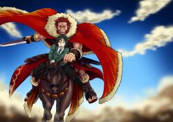  2boys armor beard bob_cut bucephalus_(fate) cape commentary_request facial_hair fate/zero fate_(series) green_eyes green_hair horse iskandar_(fate) male_focus multiple_boys nkj red_eyes red_hair sword waver_velvet weapon 