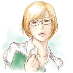  blonde_hair book brown_eyes female glasses imageboard_desourced lips non-web_source original portrait shinobu_(tyno) short_hair solo 