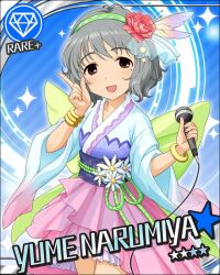  :d artist_request brown_eyes card_(medium) character_name female flower gem_(symbol) grey_hair hair_flower hair_ornament hairband idolmaster idolmaster_cinderella_girls japanese_clothes microphone mole mole_under_eye narumiya_yume obi official_art open_mouth sash short_hair smile solo 