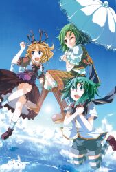  3girls :d antennae aoi_kujira ascot boots cape commentary_request cross-laced_footwear day dress flying green_hair hair_ribbon highres kazami_yuuka lace-up_boots lens_flare medicine_melancholy multiple_girls niconico one_eye_closed open_mouth over-kneehighs parasol photoshop_(medium) plaid plaid_skirt plaid_vest ribbon skirt skirt_set sky smile striped_clothes striped_thighhighs sun thighhighs touhou umbrella umbrella_riding vest wriggle_nightbug 