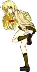  alternate_costume blonde_hair blush commentary_request contemporary female full_body k2isu kirisame_marisa long_hair looking_at_viewer no_headwear panties pantyshot photoshop_(medium) putting_on_shoes school_uniform shoe_dangle simple_background skirt smile solo sweater touhou underwear white_background yellow_eyes 