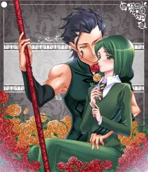  2boys ahoge bad_id bad_pixiv_id black_hair diarmuid_ua_duibhne_(lancer)_(fate) fate/zero fate_(series) flower gae_dearg_(fate) green_eyes green_hair highres male_focus mole mole_under_eye multiple_boys nadi2697 otoko_no_ko photoshop_(medium) polearm red_flower red_rose rose spear waver_velvet weapon yellow_eyes yellow_flower yellow_rose 