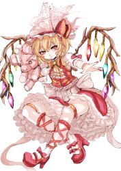  blonde_hair commentary_request dress female flandre_scarlet frills hat long_hair outstretched_arm panzer_(p.z) pointy_ears red_eyes side_ponytail solo stuffed_animal stuffed_toy teddy_bear thighhighs touhou white_thighhighs wings wrist_cuffs 