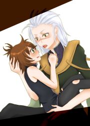  1boy brown_hair female green_eyes nan tales_of_(series) tales_of_vesperia tison white_hair yellow_eyes 