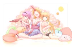  3girls blonde_hair blush breasts camisole cleavage closed_eyes commentary_request green_eyes horns hoshiguma_yuugi kokotetsu komeiji_satori large_breasts long_hair midriff mizuhashi_parsee multiple_girls navel open_mouth pillow pink_eyes pink_hair pointy_ears red_eyes single_horn sitting smile touhou yuri 