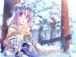  breath capelet commentary_request female forest frills hat japanese_clothes nature obi open_mouth purple_eyes purple_hair ribbon saigyouji_yuyuko sash snow solo t-ray torii touhou tree triangular_headpiece warming warming_hands winter 