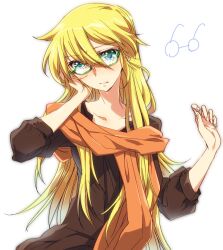  1boy androgynous ang blonde_hair blue_eyes casual commentary_request glasses green-framed_eyewear male_focus orange_scarf saint_seiya scarf solo virgo_shaka 