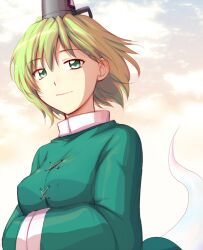  bad_id bad_pixiv_id breasts cloud dress female ghost_tail green_dress green_eyes green_hair hands_in_opposite_sleeves hat high_collar light_smile looking_at_viewer medium_breasts ofuda short_hair sky soga_no_tojiko solo tate_eboshi touhou twilight wind yatsuhashi_kyouto 