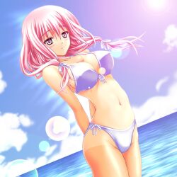  arms_behind_back bad_id bad_pixiv_id bikini breasts cleavage cloud day dutch_angle female large_breasts lens_flare musashinomiya_(jnr-m) navel original pink_eyes pink_hair short_hair solo standing swimsuit tan tanlines 