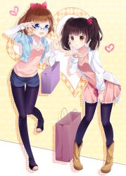  2girls :d argyle bad_deviantart_id bad_id bag blue_eyes brown_eyes brown_hair carrying dress fashion glasses hair_bobbles hair_ornament heart hitsukuya multiple_girls open_mouth original pantyhose photoshop_(medium) ponytail shorts smile twintails 