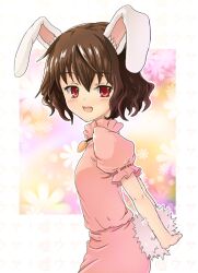  animal_ears arms_behind_back blush brown_hair commentary_request female inaba_tewi looking_at_viewer mitsuki_yuuya open_mouth rabbit_ears rabbit_girl rabbit_tail red_eyes short_hair smile solo tail touhou 