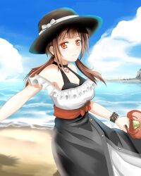  bag bare_shoulders beach breasts brown_eyes brown_hair choker cleavage cloud commentary_request day dress enoshima female handbag hat heart highres large_breasts light_smile looking_at_viewer miyabi_(miyabi) ocean okita_sawa outdoors sky solo tari_tari twintails wristband 