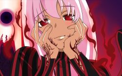  cropped dark_sakura dress fate/stay_night fate_(series) female hair_ribbon hands_on_own_cheeks hands_on_own_face long_hair matou_sakura parody pink_hair red_eyes ribbon solo tattoo white_hair yandere yandere_trance 