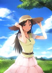  aoki_mei belt breasts brown_eyes brown_hair cloud commentary_request day female grin hands_on_headwear hat idolmaster idolmaster_cinderella_girls jewelry long_hair looking_at_viewer medium_breasts necklace outdoors photoshop_(medium) sky smile solo straw_hat sun_hat trainer_(idolmaster) yellow_eyes yuki_usagi_(mofurafu) 