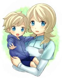  1boy age_difference aged_down aged_up asemu_asuno bad_id bad_pixiv_id blonde_hair blue_eyes blush carrying commentary_request emily_armond female gundam gundam_age hood hoodie mother_and_son motherly nogusa_(shamo_nb) open_mouth outstretched_arm shorts 