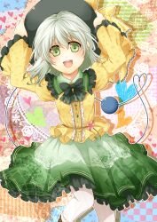  absurdres bow bowtie commentary_request embellished_costume female frills green_eyes green_hair hands_on_headwear hat heart highres komeiji_koishi looking_at_viewer mise_yuzuki open_mouth pantyhose smile solo symbol-shaped_pupils touhou white_pantyhose 