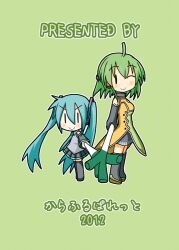  &gt;:) 2012 2girls ;) ahoge aqua_hair artist_name chibi chibi_miku circle_name commentary_request fl-chan fl_studio green_background green_hair hatsune_miku headphones long_hair looking_at_viewer minami_(colorful_palette) multiple_girls one_eye_closed skirt smile spring_onion standing thighhighs translated twintails v-shaped_eyebrows very_long_hair vocaloid |_| 