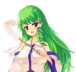  blue_eyes blush breasts commentary_request detached_sleeves female frog_hair_ornament green_hair hair_ornament hair_tubes kochiya_sanae large_breasts long_hair mitsuki_yuuya open_mouth simple_background solo touhou white_background 