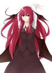  arms_behind_head bad_id bad_pixiv_id bat_wings demon_wings doseisan_(dosei-san) female head_wings koakuma long_hair necktie red_eyes red_hair red_necktie simple_background smile solo touhou very_long_hair wings 