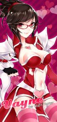  black_hair breasts character_name cleavage clothing_cutout commentary_request female fingerless_gloves glasses gloves heart heart_cutout heartseeker_vayne joypyonn league_of_legends medium_breasts midriff navel photoshop_(medium) red-framed_eyewear red_eyes short_hair side_cutout solo striped_clothes striped_thighhighs thighhighs vayne_(league_of_legends) 