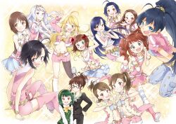  6+girls ;d ahoge akizuki_ritsuko amami_haruka antenna_hair black_hair blonde_hair blue_eyes blue_hair blush boots bow brown_eyes brown_hair commentary_request everyone futami_ami futami_mami ganaha_hibiki glasses green_eyes green_hair grey_hair hagiwara_yukiho hair_ornament hair_ribbon hairband hoshii_miki idolmaster idolmaster_(classic) kikuchi_makoto kisaragi_chihaya long_hair looking_at_viewer minase_iori miura_azusa miyabi_akino multiple_girls oerba_yun_fang one_eye_closed open_mouth otonashi_kotori pink_diamond_765_(idolmaster) pink_footwear pink_hair pink_legwear ponytail purple_hair red_eyes ribbon shijou_takane short_hair shorts side_ponytail sitting skirt smile star_(symbol) striped_clothes striped_thighhighs takatsuki_yayoi thighhighs twintails v 