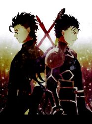  2boys ahoge black_hair blue_hair commentary_request cu_chulainn_(fate) cu_chulainn_(fate/stay_night) diarmuid_ua_duibhne_(lancer)_(fate) earrings fate/stay_night fate/zero fate_(series) gae_bolg_(fate) gae_buidhe_(fate) jewelry long_hair male_focus multiple_boys polearm ponytail red_eyes spear symmetry weapon yellow_eyes youaresober 