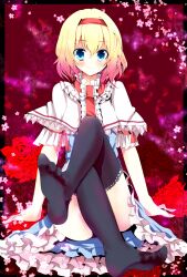  alice_margatroid black_legwear blonde_hair blue_eyes capelet cherry_blossoms dress feet female female flower hairband highres kurekore legs_crossed no_shoes petals pov_feet red_rose rose short_hair sitting smile solo thighhighs touhou 