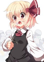  ascot bad_id bad_pixiv_id blonde_hair blush dress eating female food food_on_face fork hair_ribbon holding holding_fork open_mouth pink_eyes ribbon rumia short_hair solo supershiruco touhou 