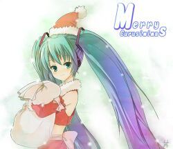  blush christmas commentary_request female gradient_hair green_eyes hat hatsune_miku long_hair looking_at_viewer merry_christmas mitsuki_yuuya multicolored_hair santa_hat smile solo twintails very_long_hair vocaloid 