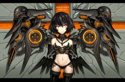  bare_shoulders black_hair black_thighhighs breasts chains commentary_request female gia highres horns letterboxed mecha_musume navel original red_eyes short_hair skull small_breasts solo thighhighs 