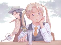  2girls black_hair blonde_hair blue_eyes brown_eyes bug butterfly claes commentary_request drinking_straw glass glasses gun gunslinger_girl hair_ornament hairclip head_rest highres ice long_hair mouth_hold multiple_girls necktie smile triela twintails watering_can weapon yoshikawa_kazunori 