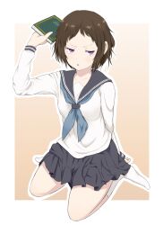  :&lt; annoyed book brown_hair commentary_request female hyouka ibara_mayaka kamiyama_high_school_uniform_(hyouka) peanuts_(ennuim) purple_eyes school_uniform serafuku short_hair sitting solo wariza 