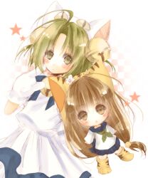  2girls animal_ears bell brown_eyes cat_ears commentary_request dejiko di_gi_charat green_hair image_sample kapocha long_hair low-tied_long_hair md5_mismatch multiple_girls pixiv_sample puchiko resolution_mismatch source_larger star_(symbol) 