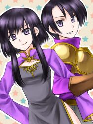  1boy 74 armor black_hair brother_and_sister dress female fire_emblem fire_emblem:_genealogy_of_the_holy_war gloves larcei_(fire_emblem) locked_arms purple_eyes scathach_(fire_emblem) short_hair siblings side_slit smile 