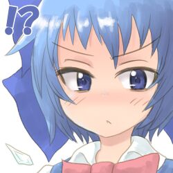  !? &gt;:( :&lt; blue_eyes blue_hair blush bow bowtie cirno close-up commentary_request female frown hairbow ice ice_wings mitsuki_yuuya nose_blush short_hair solo touhou v-shaped_eyebrows wings 