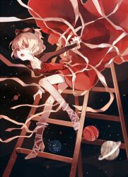  bad_id bad_pixiv_id blonde_hair bow clea_(geee13) climbing_ladder dress fangs female hairbow high_heels kurodani_yamame ladder planet red_eyes shoes short_hair solo touhou 