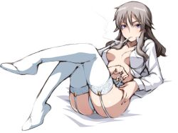  blue_eyes breasts cigarette commentary_request elizabeth_f._beurling female garter_belt grey_hair long_hair looking_at_viewer lying medium_breasts no_bra on_back open_clothes open_shirt shirt smoking solo strike_witches:_suomus_misfits_squadron tabigarasu thighhighs white_background white_shirt white_thighhighs world_witches_series 