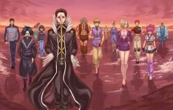  3girls 6+boys aquiline_nose bad_source bandages black_hair blinky_(hunter_x_hunter) bonolenov_ndongo breasts chrollo_lucilfer cleavage cloak commentary_request earrings facial_mark feitan_portor forehead_mark franklin_bordeau hisoka_morow hunter_x_hunter japanese_clothes jewelry korutopi machi_komacine medium_breasts multiple_boys multiple_girls nobunaga_hazama pakunoda phinks_magcub rich_s shalnark shizuku_murasaki track_suit uvogin vacuum_cleaner 