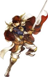  1boy armor boots brown_eyes brown_hair cape fire_emblem fire_emblem:_thracia_776 fire_emblem_awakening leif_(fire_emblem) light_brand male_focus official_art solo sword wada_sachiko weapon white_armor 