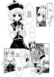  4girls clapping fujii_jun greyscale hairband hard-translated hat highres konpaku_youmu laughing lunasa_prismriver lyrica_prismriver merlin_prismriver monochrome multiple_girls ribbon short_hair third-party_edit touhou translated 