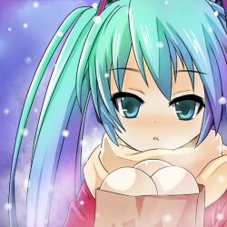  blush commentary_request female food green_eyes green_hair hatsune_miku long_hair mitsuki_yuuya scarf snowing solo vocaloid 